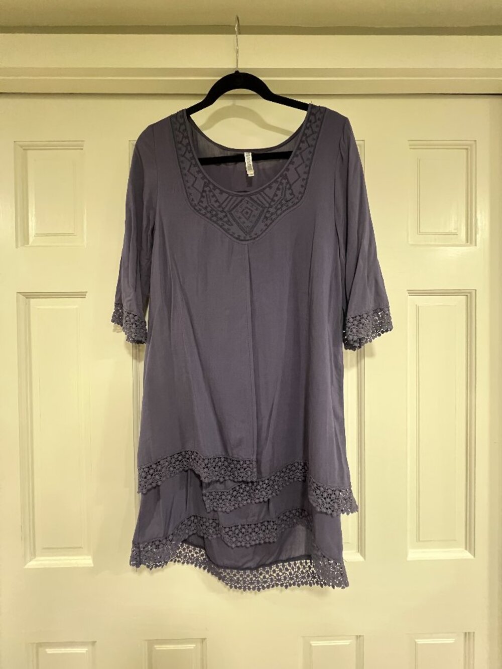 Monoreno Slate Blue Embroidered Tunic Dress | Crochet Lace Tiered Hem M